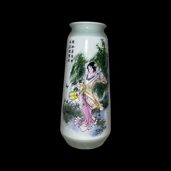 Large Vintage Chinese Poetry Table Vase Beautiful Lady Motif Approx 17” tall.